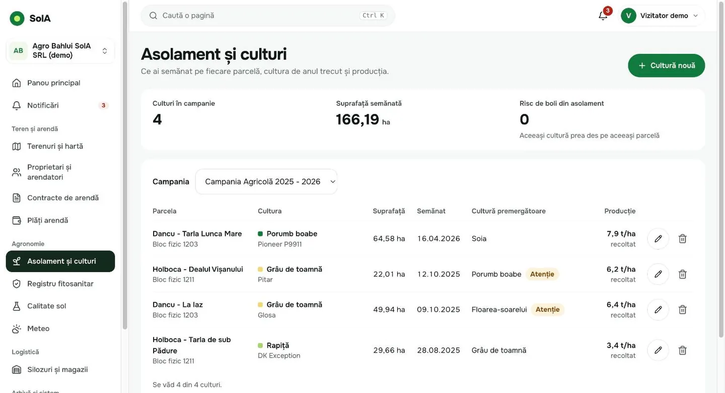 Culturile unei campanii pe parcele, cu soiul, cultura premergătoare și producția